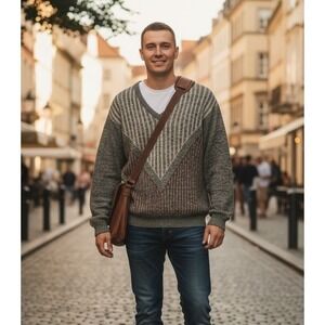 VTG BRONZINI Mens Sweater Large Tall Gray Merino Wool V Neck